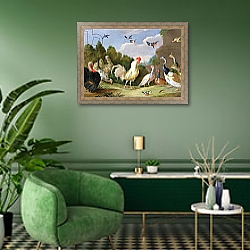«Wooded Landscape with a Cock, Turkey, Hens and other Birds, 17th century» в интерьере гостиной в зеленых тонах «Wooded Landscape with a Cock, Turkey, Hens and other Birds, 17th century» в интерьере гостиной в зеленых тонах