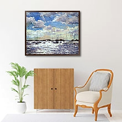 «Evening Light, Gulf of Morbihan, 2002» в интерьере классической спальни с темными стенами «Evening Light, Gulf of Morbihan, 2002» в интерьере классической спальни с темными стенами
