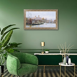 «Lincoln Cathedral from the River» в интерьере гостиной в зеленых тонах «Lincoln Cathedral from the River» в интерьере гостиной в зеленых тонах