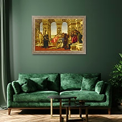 «Calumny of Apelles, 1497-98» в интерьере зеленой гостиной над диваном «Calumny of Apelles, 1497-98» в интерьере зеленой гостиной над диваном