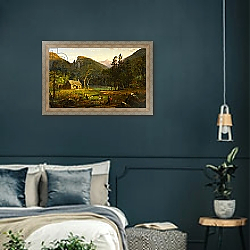 «Eagle Cliff, Franconia Notch, New Hampshire, 1858» в интерьере классической спальни с темными стенами «Eagle Cliff, Franconia Notch, New Hampshire, 1858» в интерьере классической спальни с темными стенами