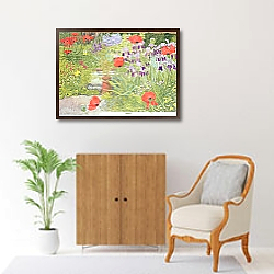 «Poppies and Irises near the Pond» в интерьере классической спальни с темными стенами «Poppies and Irises near the Pond» в интерьере классической спальни с темными стенами