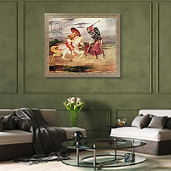 «Two Knights Fighting in a Landscape, c.1824» в интерьере гостиной в оливковых тонах «Two Knights Fighting in a Landscape, c.1824» в интерьере гостиной в оливковых тонах