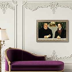 «Double Portrait of Martin Luther and Philip Melanchthon» в интерьере в классическом стиле над банкеткой «Double Portrait of Martin Luther and Philip Melanchthon» в интерьере в классическом стиле над банкеткой