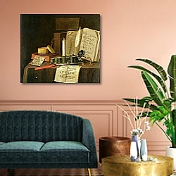 «A Trompe L'Oeil With A Pewter Ink Stand, Books And Papers, 1702» в интерьере зеленой гостиной над диваном «A Trompe L'Oeil With A Pewter Ink Stand, Books And Papers, 1702» в интерьере зеленой гостиной над диваном
