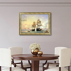 «The Russian Cutter Mercury captures the Swedish frigate Venus on 21st May 1789, 1845» в интерьере гостиной с розовым диваном «The Russian Cutter Mercury captures the Swedish frigate Venus on 21st May 1789, 1845» в интерьере гостиной с розовым диваном