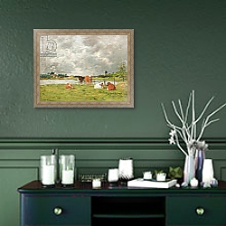 «Cows in a Field under a Stormy Sky, 1877» в интерьере прихожей в зеленых тонах над комодом «Cows in a Field under a Stormy Sky, 1877» в интерьере прихожей в зеленых тонах над комодом