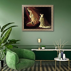 «Appearance of St. Peter to St. Peter Nolasco 1629» в интерьере гостиной в зеленых тонах «Appearance of St. Peter to St. Peter Nolasco 1629» в интерьере гостиной в зеленых тонах