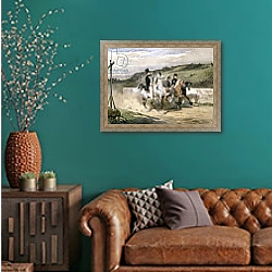 «Horace Vernet and his Children Riding in the Country» в интерьере гостиной с зеленой стеной над диваном «Horace Vernet and his Children Riding in the Country» в интерьере гостиной с зеленой стеной над диваном