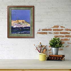 «Union Castle Liner passing Table Mountain» в интерьере кабинета с кирпичными стенами над письменным столом «Union Castle Liner passing Table Mountain» в интерьере кабинета с кирпичными стенами над письменным столом