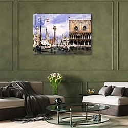 «The Piazzetta di San Marco, Venice, 1839» в интерьере гостиной в бордовых тонах «The Piazzetta di San Marco, Venice, 1839» в интерьере гостиной в бордовых тонах