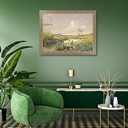 «Geese Grazing, 1854» в интерьере гостиной в зеленых тонах «Geese Grazing, 1854» в интерьере гостиной в зеленых тонах