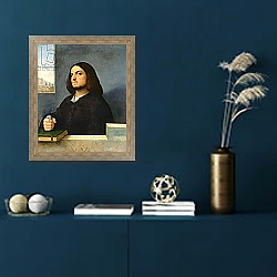 «Portrait of a Venetian Gentleman, c.1510» в интерьере в классическом стиле в синих тонах «Portrait of a Venetian Gentleman, c.1510» в интерьере в классическом стиле в синих тонах