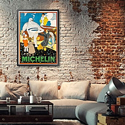 «Advertising poster for Michelin, c. 1925» в интерьере в стиле лофт с бетонной стеной над камином «Advertising poster for Michelin, c. 1925» в интерьере в стиле лофт с бетонной стеной над камином