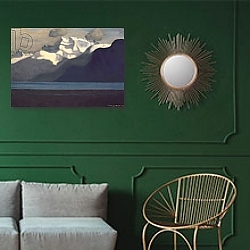 «Lac Leman and Les Dents-du-Midi, 1919» в интерьере прихожей в зеленых тонах над комодом «Lac Leman and Les Dents-du-Midi, 1919» в интерьере прихожей в зеленых тонах над комодом