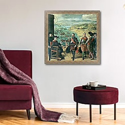 «The Defence of Cadiz against the English, 1634» в интерьере гостиной в бордовых тонах «The Defence of Cadiz against the English, 1634» в интерьере гостиной в бордовых тонах