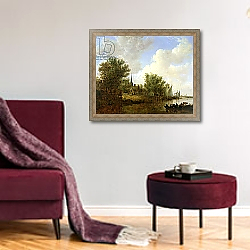 «River scene with a View of Overschie, 1651» в интерьере гостиной в бордовых тонах «River scene with a View of Overschie, 1651» в интерьере гостиной в бордовых тонах