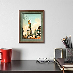 «Ivan the Great Bell Tower in the Moscow Kremlin, printed by Lemercier, Paris, 1840s» в интерьере кабинета с кирпичной стеной «Ivan the Great Bell Tower in the Moscow Kremlin, printed by Lemercier, Paris, 1840s» в интерьере кабинета с кирпичной стеной