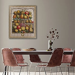 «December, from 'Twelve Months of Fruits', by Robert Furber engraved by Henry Fletcher, 1732» в интерьере столовой с серыми стенами «December, from 'Twelve Months of Fruits', by Robert Furber engraved by Henry Fletcher, 1732» в интерьере столовой с серыми стенами