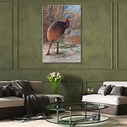 «Single Wattled Cassawory, illustration from'Wildlife of the World', c.1910» в интерьере классической спальни с темными стенами «Single Wattled Cassawory, illustration from'Wildlife of the World', c.1910» в интерьере классической спальни с темными стенами
