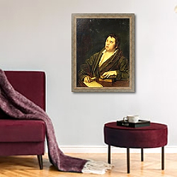 «Portrait of the poet Ivan A. Krylov, 1812» в интерьере гостиной в бордовых тонах «Portrait of the poet Ivan A. Krylov, 1812» в интерьере гостиной в бордовых тонах