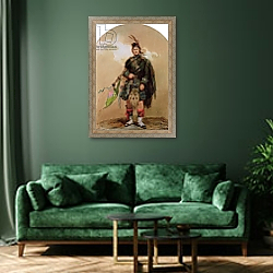 «A Piper of the 79th Highlanders at Chobham Camp in 1853» в интерьере зеленой гостиной над диваном «A Piper of the 79th Highlanders at Chobham Camp in 1853» в интерьере зеленой гостиной над диваном