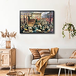 «Vladimir Ilyich Lenin Addressing the Red Army of Workers on 5th May 1920, 1933» в интерьере комнаты в стиле ретро с плетеными корзинами «Vladimir Ilyich Lenin Addressing the Red Army of Workers on 5th May 1920, 1933» в интерьере комнаты в стиле ретро с плетеными корзинами