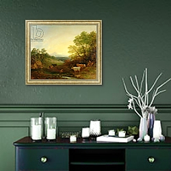 «A Landscape with Cattle and Figures by a Stream and a Distant Bridge, c.1772-4» в интерьере прихожей в зеленых тонах над комодом «A Landscape with Cattle and Figures by a Stream and a Distant Bridge, c.1772-4» в интерьере прихожей в зеленых тонах над комодом