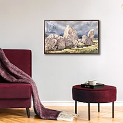 «Stones of Castlerigg, Cumbria, 1984» в интерьере зеленой гостиной над диваном «Stones of Castlerigg, Cumbria, 1984» в интерьере зеленой гостиной над диваном