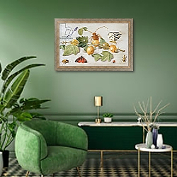 «Still life of branch of gooseberries, with a butterfly, moth, damsel fly and other insects» в интерьере гостиной в зеленых тонах «Still life of branch of gooseberries, with a butterfly, moth, damsel fly and other insects» в интерьере гостиной в зеленых тонах