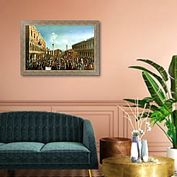 «Charlatans in the Piazzetta San Marco, Venice» в интерьере гостиной в оливковых тонах «Charlatans in the Piazzetta San Marco, Venice» в интерьере гостиной в оливковых тонах