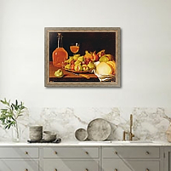 «Still Life with a plate of figs and pomegranates, bread and wine» в интерьере кухни в серых тонах «Still Life with a plate of figs and pomegranates, bread and wine» в интерьере кухни в серых тонах