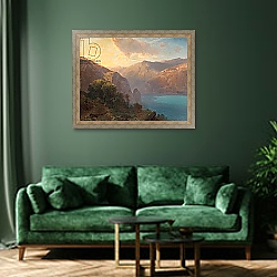 «Près de Seelisberg: a view of Lac de Lucerne seen from the Seelisberg, Switzerland, 1862» в интерьере зеленой гостиной над диваном «Près de Seelisberg: a view of Lac de Lucerne seen from the Seelisberg, Switzerland, 1862» в интерьере зеленой гостиной над диваном