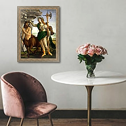 «Athene and the Centaur, c.1480» в интерьере прихожей в зеленых тонах над комодом «Athene and the Centaur, c.1480» в интерьере прихожей в зеленых тонах над комодом