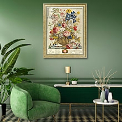 «June, from 'Twelve Months of Flowers' by Robert Furber engraved by Henry Fletcher» в интерьере гостиной в зеленых тонах «June, from 'Twelve Months of Flowers' by Robert Furber engraved by Henry Fletcher» в интерьере гостиной в зеленых тонах