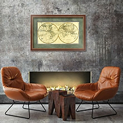«Map of the World in two Hemispheres, 1780» в интерьере двухярусной гостиной в стиле лофт с кирпичной стеной «Map of the World in two Hemispheres, 1780» в интерьере двухярусной гостиной в стиле лофт с кирпичной стеной