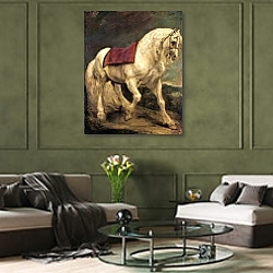«A bridled grey stallion, with a saddle cloth and partially plaited mane: a modello» в интерьере гостиной с розовым диваном «A bridled grey stallion, with a saddle cloth and partially plaited mane: a modello» в интерьере гостиной с розовым диваном