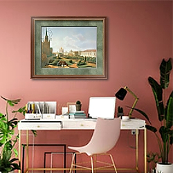 «The Alexander Garden in Moscow, printed by Jacottet and Bachelier, 1830» в интерьере современного кабинета в розовых тонах «The Alexander Garden in Moscow, printed by Jacottet and Bachelier, 1830» в интерьере современного кабинета в розовых тонах
