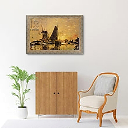 «In Holland, Boats near a Windmill, 1868» в интерьере в классическом стиле над комодом «In Holland, Boats near a Windmill, 1868» в интерьере в классическом стиле над комодом
