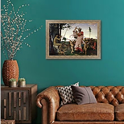 «Anacreon, Bacchus and Aphrodite, 1848» в интерьере гостиной с зеленой стеной над диваном «Anacreon, Bacchus and Aphrodite, 1848» в интерьере гостиной с зеленой стеной над диваном