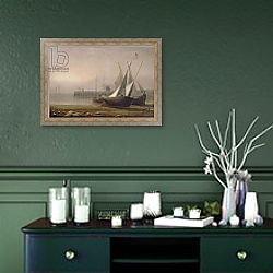 «Fishing Boats at Low Tide, c.1850s» в интерьере прихожей в зеленых тонах над комодом «Fishing Boats at Low Tide, c.1850s» в интерьере прихожей в зеленых тонах над комодом