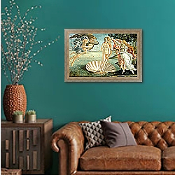 «The Birth of Venus, c.1485» в интерьере гостиной с зеленой стеной над диваном «The Birth of Venus, c.1485» в интерьере гостиной с зеленой стеной над диваном