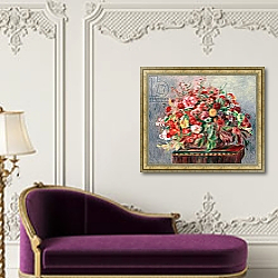 «Basket of Flowers; Corbeille de fleurs, 1890» в интерьере гостиной в зеленых тонах «Basket of Flowers; Corbeille de fleurs, 1890» в интерьере гостиной в зеленых тонах