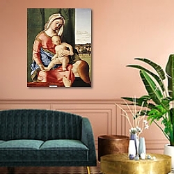 «The Madonna and Child with a Male Donor, a landscape beyond,» в интерьере в классическом стиле в фиолетовых тонах «The Madonna and Child with a Male Donor, a landscape beyond,» в интерьере в классическом стиле в фиолетовых тонах