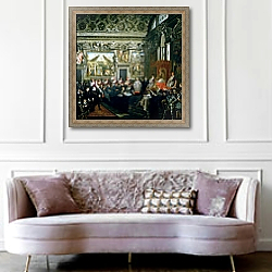 «Pope Paul V with an Audience, 1620» в интерьере гостиной в классическом стиле над диваном «Pope Paul V with an Audience, 1620» в интерьере гостиной в классическом стиле над диваном