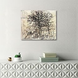 «Study of trees, by Piet Mondrian, charcoal and white lead drawing. Netherlands, 20th century.» в интерьере гостиной в стиле минимализм с камином «Study of trees, by Piet Mondrian, charcoal and white lead drawing. Netherlands, 20th century.» в интерьере гостиной в стиле минимализм с камином