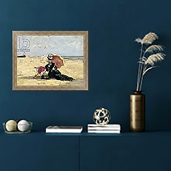 «Woman with a Parasol on the Beach, 1880» в интерьере в классическом стиле в синих тонах «Woman with a Parasol on the Beach, 1880» в интерьере в классическом стиле в синих тонах