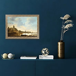 «A town on the banks of a river, with a ferry, 1648» в интерьере в классическом стиле в синих тонах «A town on the banks of a river, with a ferry, 1648» в интерьере в классическом стиле в синих тонах