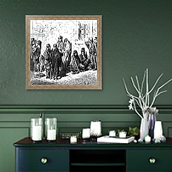«Les Miserables, from 'London, A Pilgrimage' by William Blanchard Jerrold, 1872» в интерьере прихожей в зеленых тонах над комодом «Les Miserables, from 'London, A Pilgrimage' by William Blanchard Jerrold, 1872» в интерьере прихожей в зеленых тонах над комодом
