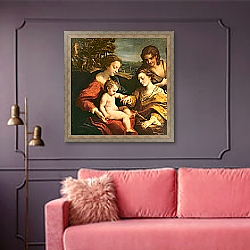 «The Mystic Marriage of St. Catherine of Alexandria, c.1526-27» в интерьере гостиной с розовым диваном «The Mystic Marriage of St. Catherine of Alexandria, c.1526-27» в интерьере гостиной с розовым диваном